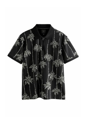 Melnu audumu polo krekls ar īsām piedurknēm un baltu palmu koku rakstu. Iekļauts apkakle un priekšējā plāksteris aizdarei. Gluda tekstūra.