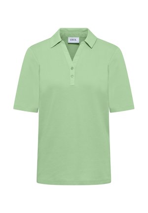Polo manches courtes vert clair avec col et deux boutons, étiqueté "CECIL" à l'intérieur du col.