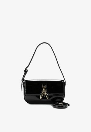 Black patent leather handbag with a glossy finish; features a gold spider charm; includes a detachable strap for versatile carrying.