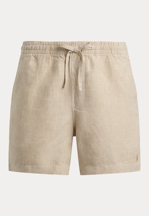 Beige karierte Shorts mit Kordelzug, elastischem Bund, Vordertaschen und kleinem besticktem Logo nahe dem Saum am linken Bein.