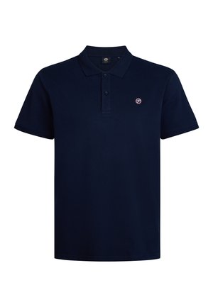 Polo de color azul marino hecho de algodón, con cuello, dos botones y un pequeño logo en el lado izquierdo del pecho. Mangas cortas y dobladillo recto.