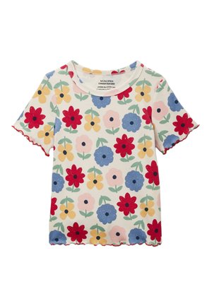 Chemise à manches courtes côtelée avec motif de fleurs rouges, bleues, jaunes et roses et bords froncés rouges aux manches et à l'ourlet.