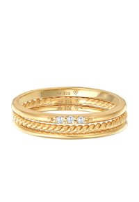Inel stivulet cu ton auriu, având trei benzi cu un design răsucit și trei pietre semiprețioase mici clare în centru, fabricat din argint sterling (925).