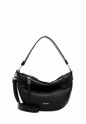 Black leather handbag with a curved shape, featuring a zippered closure, detachable shoulder strap, and contrasting silver hardware.
