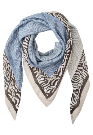 Carré de foulard avec motifs zèbre bleu et beige, plié et drapé pour exposition.