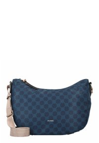 Navy blue shoulder bag made of patterned fabric, featuring a light strap, zip closure, and metal accents.