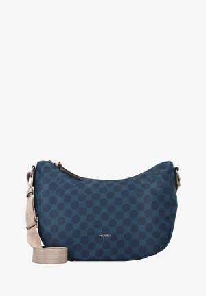 Marineblaue Schultertasche aus gemustertem Stoff, mit einem leichten Riemen, einem Reißverschluss und Metallakzenten.