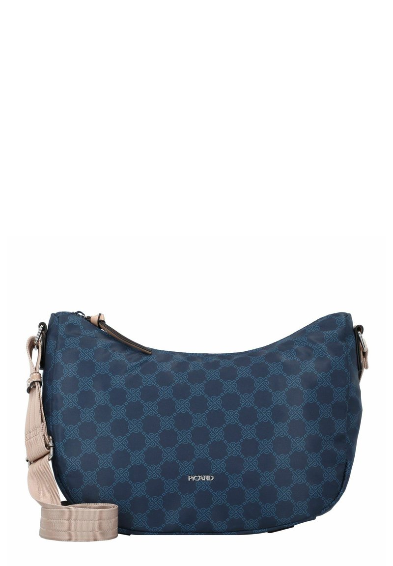 Navy blue shoulder bag made of patterned fabric, featuring a light strap, zip closure, and metal accents.