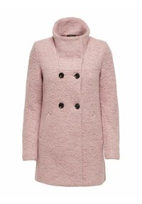 Cappotto di lana rosa con colletto alto, design doppiopetto e bottoni neri. Presenta due tasche frontali e un tessuto testurizzato.