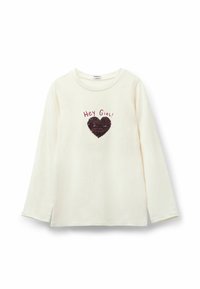 Helles cremfarbiges Langarmshirt mit rundem Halsausschnitt, das mit einem Pailletten-Herzdesign und dem Text "Hey Girl!" in Pink darüber versehen ist.