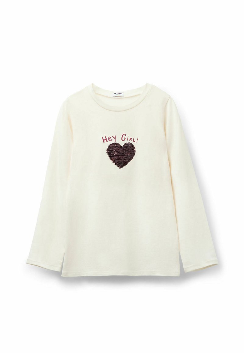 Helles cremfarbiges Langarmshirt mit rundem Halsausschnitt, das mit einem Pailletten-Herzdesign und dem Text "Hey Girl!" in Pink darüber versehen ist.