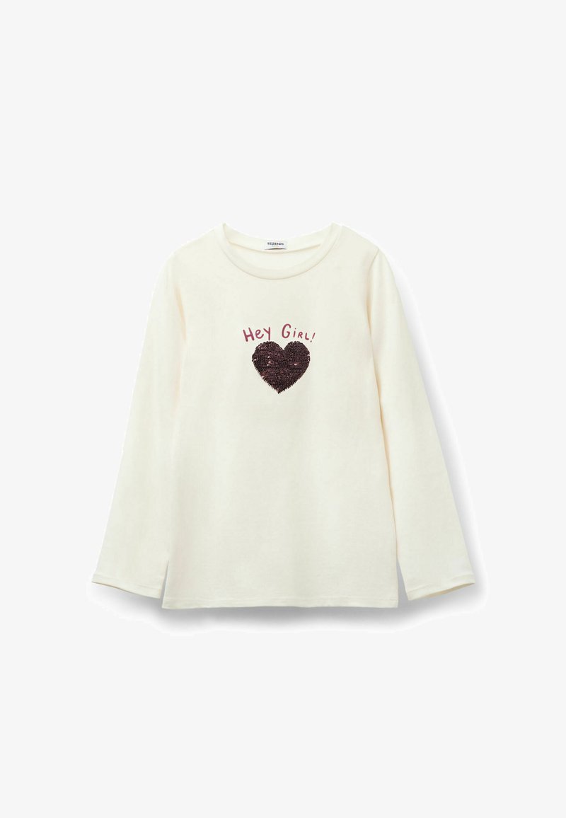 Helles cremfarbiges Langarmshirt mit rundem Halsausschnitt, das mit einem Pailletten-Herzdesign und dem Text "Hey Girl!" in Pink darüber versehen ist.