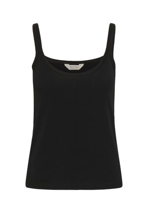 Schwarzes Tank-Top mit dünnen Schulterträgern, einem runden Ausschnitt und einer glatten Textur sowie minimalen Nähdetails.