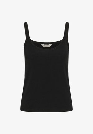 Débardeur noir avec des bretelles fines, un col rond et une texture lisse avec des détails de couture minimaux.