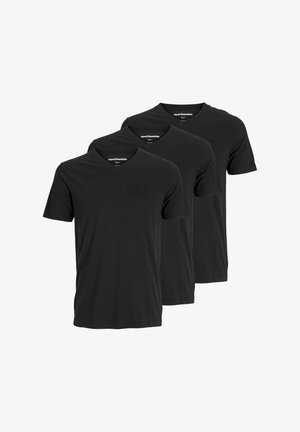 Three black v-neck t-shirts made from smooth cotton fabric. Short sleeves, relaxed fit, features a simple design without patterns or embellishments.