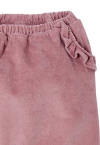 Rosafarbene Cordhosen mit einem gerafften, elastischen Bund und Rüschendetails entlang der Seitennähte. Texturiert mit vertikalen Streifen.