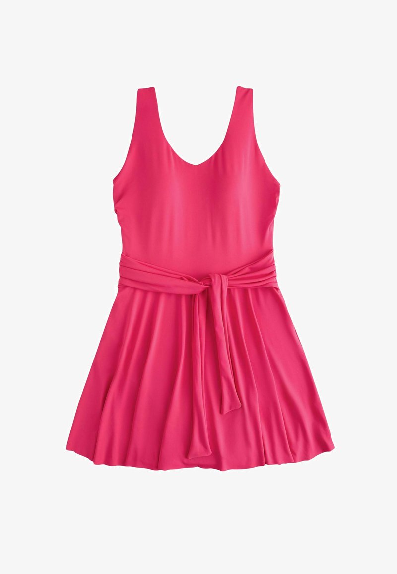 Rosa ärmelloses Kleid aus glattem Stoff mit V-Ausschnitt, fließendem Rock und einem gebundenen Taillendetail zur Betonung der Figur und für Stil.