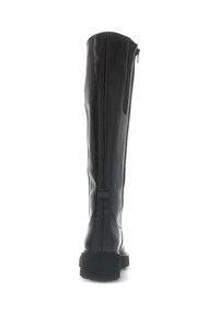 Knee-high black leather boots with a smooth finish, side zipper, and a thick textured sole. Includes a strap detail at the back.