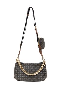 Borsa a tracolla nera con motivo, dotata di una catena dorata, dettagli in pelle marrone e una piccola pochette rotonda attaccata, con superficie testurizzata.