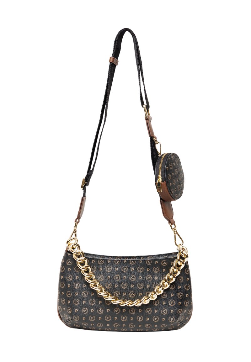 Borsa a tracolla nera con motivo, dotata di una catena dorata, dettagli in pelle marrone e una piccola pochette rotonda attaccata, con superficie testurizzata.