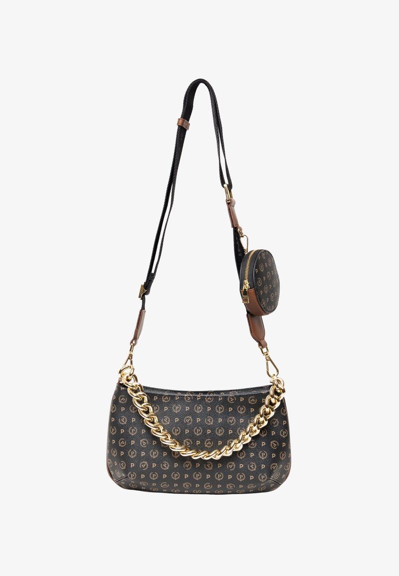 Borsa a tracolla nera con motivo, dotata di una catena dorata, dettagli in pelle marrone e una piccola pochette rotonda attaccata, con superficie testurizzata.