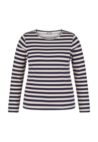 Long-sleeve top featuring navy and cream horizontal stripes, round neckline, and soft fabric with a smooth texture.
