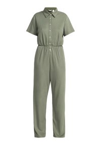 Olijfgroene jumpsuit met korte mouwen, kraag, knoopsluiting aan de voorkant, elastische taille en taps toelopende benen in een geribbeld materiaal.