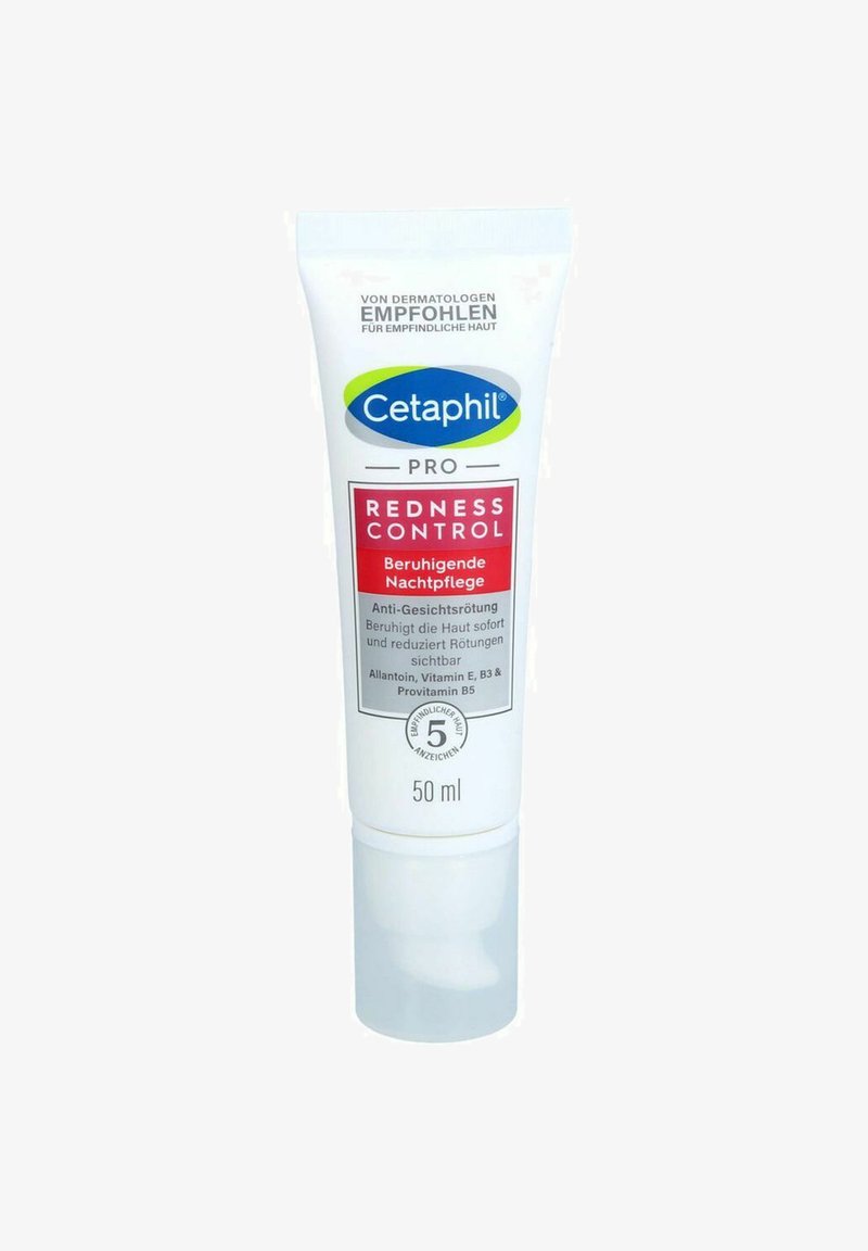 Cetaphil Pro Rötungskontrolle, 50 ml Tube. Weiße Verpackung mit blauen und roten Akzenten. Verfügt über einen Pumpspender und einen klaren Sockel.