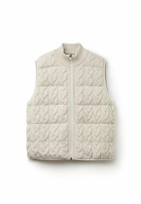 Strickweste in Hellbeige, mit einem strukturierten Kabeldesign, hohem Kragen und durchgehendem Reißverschluss. Gep quiltetes Muster mit weicher Oberfläche.