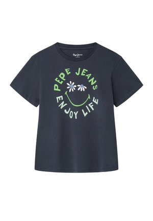 Camiseta de algodón negra de manga corta, con un gráfico circular que incluye "Pepe Jeans" y una cara sonriente con margaritas en verde y blanco.
