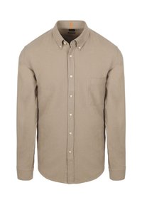 Beige overhemd met lange mouwen, een button-down kraag, een borstzak en beige knopen. Gemaakt van een stof met een zachte textuur.