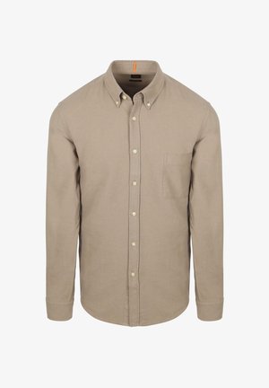 Beiges Langarmhemd mit einem Kentkragen, einer Brusttasche und beigen Knöpfen. Hergestellt aus einem weich strukturierten Stoff.