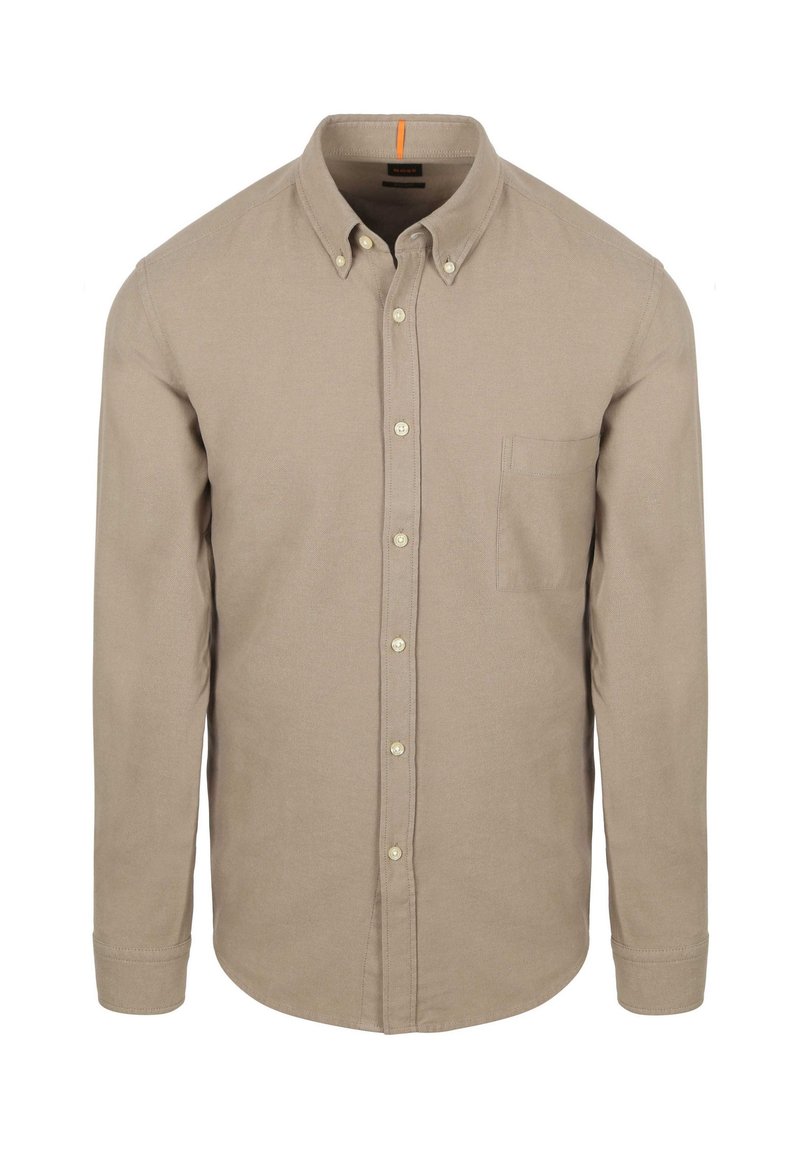 Beige overhemd met lange mouwen, een button-down kraag, een borstzak en beige knopen. Gemaakt van een stof met een zachte textuur.