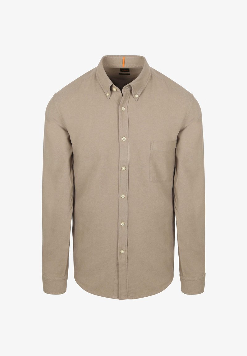 Beige overhemd met lange mouwen, een button-down kraag, een borstzak en beige knopen. Gemaakt van een stof met een zachte textuur.
