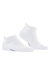 Weiße Knöchelsocken aus einem glatten, weichen Material. Mit einem gerippten Bündchen und dem blauen "FALKE"-Logo an der Seite. Kurzes Design für tiefer geschnittene Schuhe.