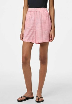 Rosa och vita randiga shorts med elastisk midja, som har en avslappnad passform och en mjuk, lätt textur. Korta i längden, utan fickor.