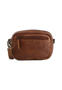 Hnědá kožená crossbody taška s přední kapsou na zip a nastavitelným popruhem, ražená logem "VENEZIA".