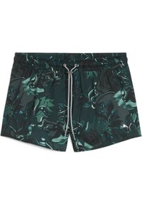 Herrbadshorts i mörkgrön med ett flytande blommönster. Har resårmidja, dragsko och lätt tyg.