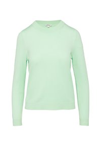 Miętowo zielony dzianinowy sweter z okrągłym dekoltem i długimi rękawami. Gładka faktura, dopasowany krój oraz prążkowane akcenty u dołu i na mankietach.