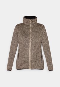 Strikket jakke med glidelås i brune og svarte nyanser, med høy krage, to sidelommer og et teksturert stoff med et subtilt mønster.