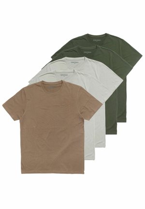 Four short-sleeve t-shirts: beige, light gray, olive green, and dark green. All are made of soft cotton with a classic crew neckline.