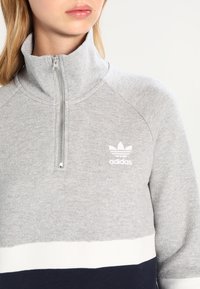 Grå zip-up sweatshirt med hög krage, vit adidas-logotyp och horisontella vita och marinblå ränder i nederkant. Mjuk textur.