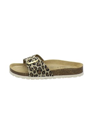 Slide sandal with cork sole, leopard print strap, and gold buckle, designed for casual wear.