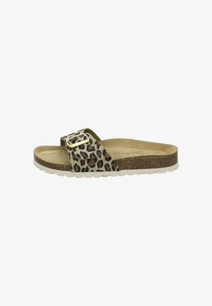 Slide sandal with cork sole, leopard print strap, and gold buckle, designed for casual wear.