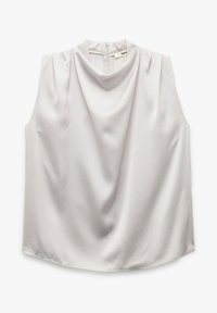 Lichtgrijze mouwloze blouse van gladde stof, met een gedrapeerde halslijn en subtiele plooien op de schouders, voorzien van een verborgen rits aan de achterkant.