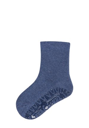 Single blue children's sock with non-slip rubber grips on the sole, displayed against a white background.