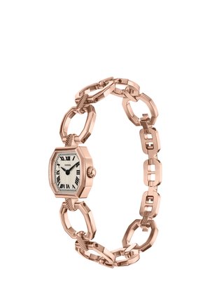 Rosegoldene Fossil Armbanduhr mit rechteckigem weißem Zifferblatt, schwarzen römischen Ziffern und verbundenem geometrischem Kettenarmband.