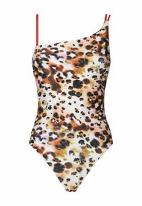 Badi s jednim ramenom u uzorku leopard kože s bojama uključujući narančastu, crnu i bež. Ima tanke crvene naramenice i prilagođeni kroj.