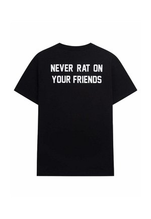 T-shirt in cotone nero, maniche corte, con un grande testo bianco sul retro: "NON DELATTE I TUOI AMICI." Collo rotondo.