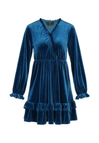 Bársony kék ruha átlapolós kialakítással, hosszú ujjakkal, fodros nyakkivágással és mandzsettákkal, bővülő szoknyarésszel, fodros szegéllyel.